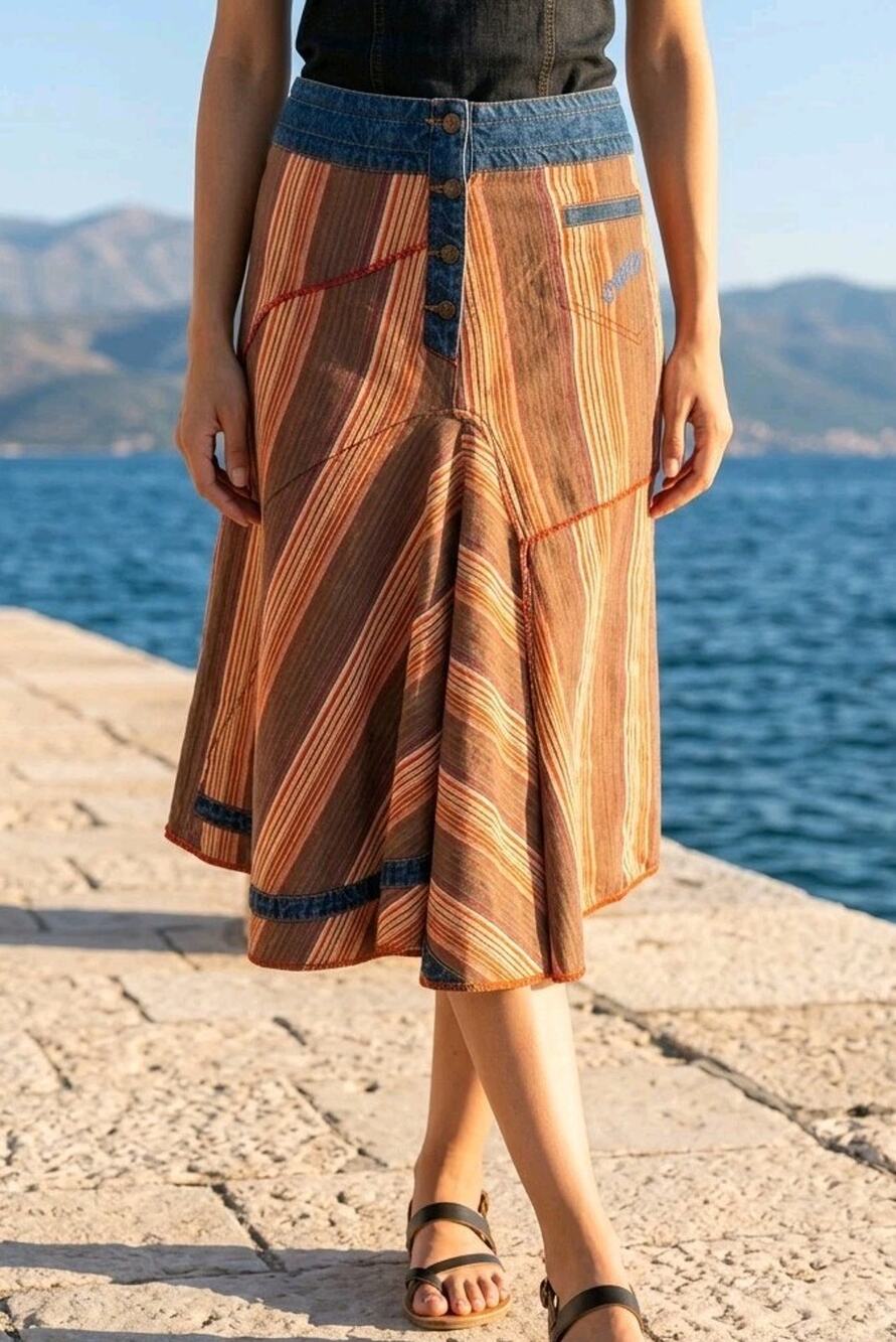 Oilily Classic Vintage Women's Denim Striped Skirt Size XL ? *READ*
